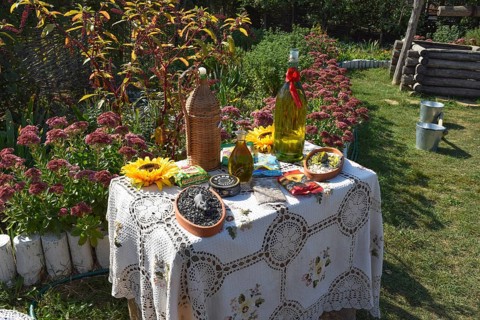 An improvised table with moonshine and sunflower seeds. Snack for vodka. Taman, Krasnodar Krai,