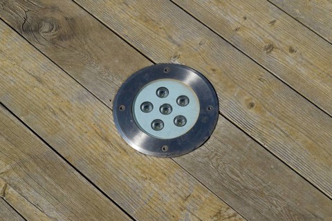 LED outdoor light for illumination, built-in wooden floor. Taman, Krasnodar Krai, Russia