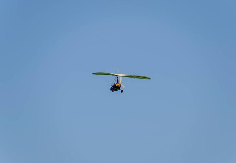 Trike, flying in the sky with two people. Atyrau, Kazakhstan