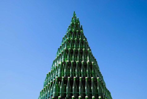 Christmas tree of bottles of champagne. Atyrau, Kazakhstan