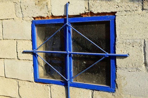 The blue box in the wall with the lattice. Atyrau, Kazakhstan