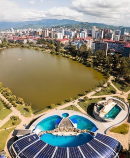 Batumi, Georgia - 7th august, 2025: Aerial view Batumi Georgia dolphinarium with pools beside