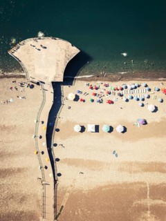 Batumi, Georgia - 15th august, 2025: Aerial top view of Batumi Georgia beach with pier bridge,