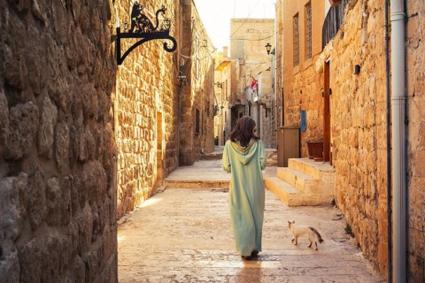 Woman in traditional abaya walking with cat through narrow stone alley in historic city of Mardin