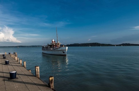 Ferry Ship approaches Harbor on Lake Balaton in Hungary