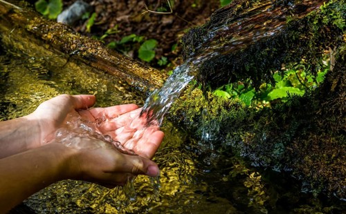 Washing Hands And Catching Fresh Water From A Spring With Clear And Cold Mountain Water, Tyrol,