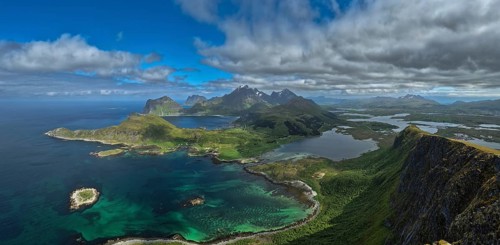 View From Offersoykammen Mountain Over Coastal Landscape On Lofoten Islands In Norway