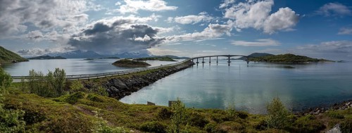 Road And Bridge Over Calm Fjord To Sommaroy And Hillesoya Island Near Tromso In Norway
