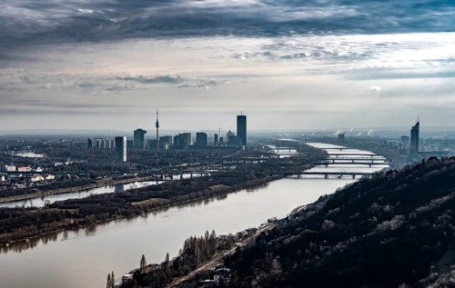 View Over City Of Vienna With Suburbs And River Danube From Mountain Kahlenberg In Austria