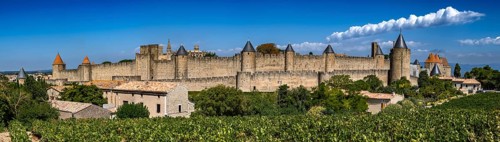 Spectacular Ancient Fortress Of Medieval City Carcassonne And Vineyards In Occitania, France