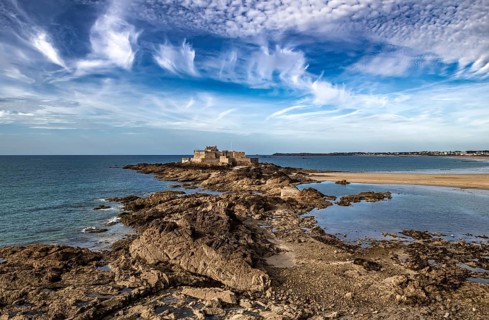 Ancient City Saint-Malo And Coastal Fort Petit Be With Sand Beach In Brittany, France