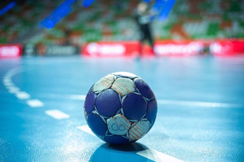 Handball ball on the parquet. Lubin, Poland