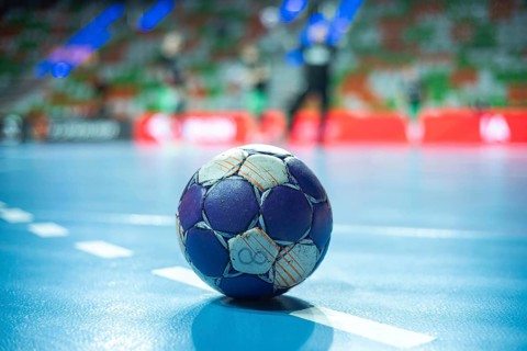 Handball, a ball laying on the 9 meters dotted line. Lubin, Poland