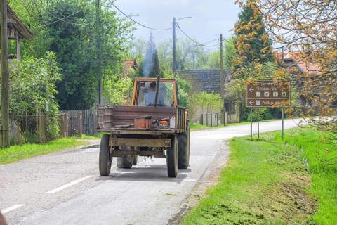 Tractor driving through the stork village, Cigoc, Sisak-Moslavina County, Croatia