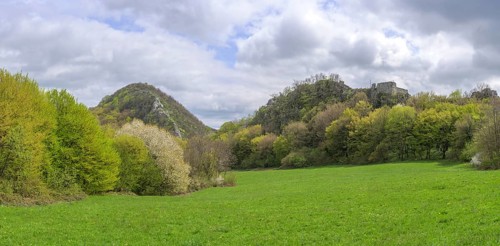 Rocky ridge, meadow and spring forest near the ruins of Kalnik Castle, Comuna Kalnik,