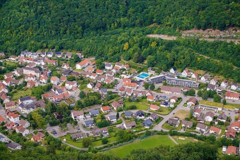 View of Honau, houses, streets, buildings, trees, outdoor swimming pool, Honau, municipality of