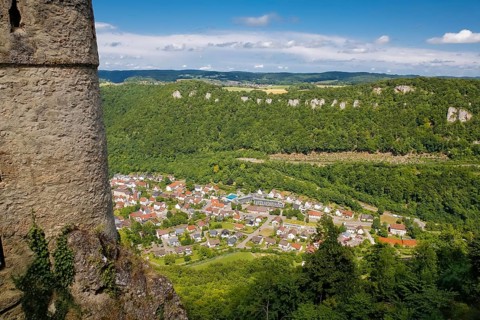View of Honau from Lichtenstein Castle, fairytale castle of Württemberg, romantic fairytale castle