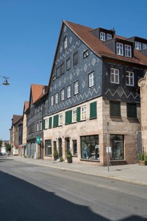 Historic buildings in the old town centre, façade clad in slate, Fürth, Middle Franconia,