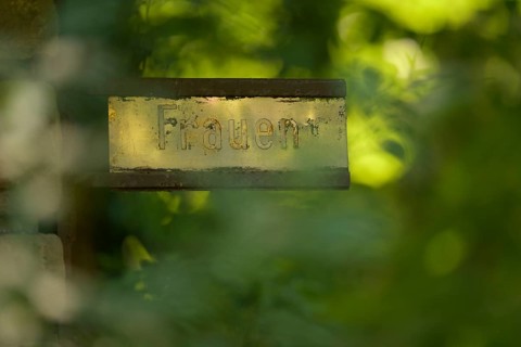 Old gilded sign with the inscription Women, weathered and surrounded by green vegetation,