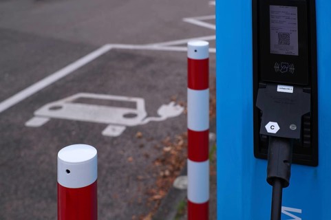 Car park with petrol pump, EnBW charging station for electric cars, electric filling station,