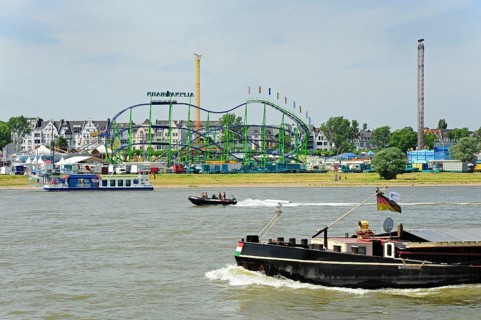 View of the Rheinkirmes, a funfair on the fairground on the Rhine, Oberkassel, Düsseldorf,