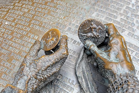Sculpture, detail with coins, city elevation monument, Burgplatz, Old Town, Düsseldorf, Rhineland,