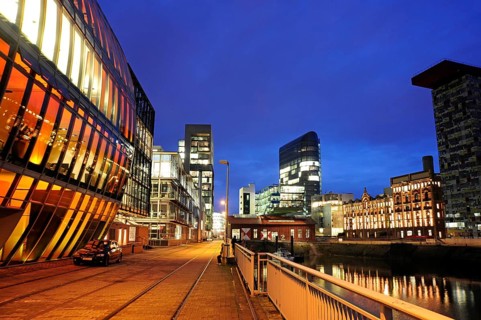 Modern architecture at the commercial harbour, Medienhafen, Düsseldorf, Rhineland, North
