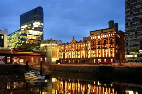 Modern architecture at the commercial harbour, Medienhafen, Düsseldorf, Rhineland, North