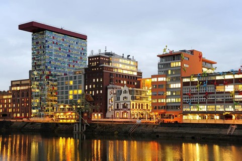 Modern architecture at the commercial harbour, Medienhafen, Düsseldorf, Rhineland, North