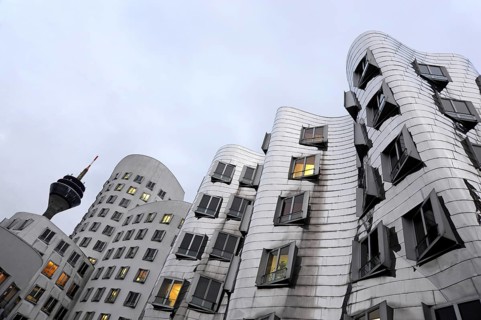 Rhine Tower and Neuer Zollhof, Gehry buildings, modern architecture at the commercial harbour,