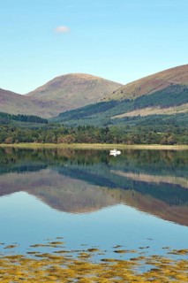 A peaceful body of water reflecting the surrounding mountains and a clear blue sky, Loch Eil,