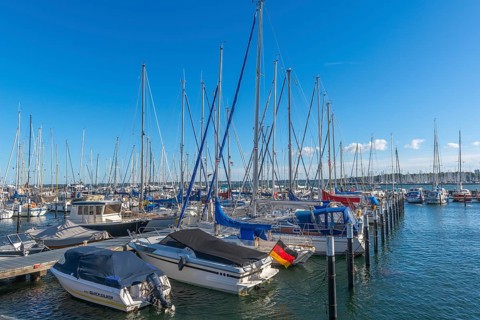Strande marina near Kiel, Rendsburg-Eckernförde district, ship masts, jetty, dolphins, Baltic Sea,