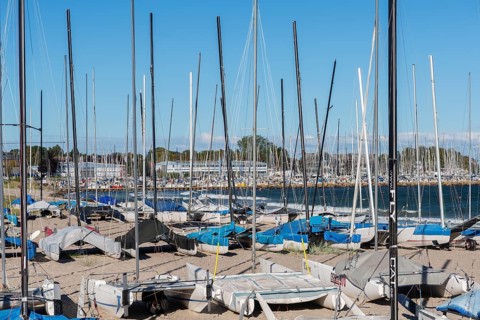 Catamarans on the beach, Strande near Kiel, Rendsburg-Eckernförde district, Baltic Sea, behind the