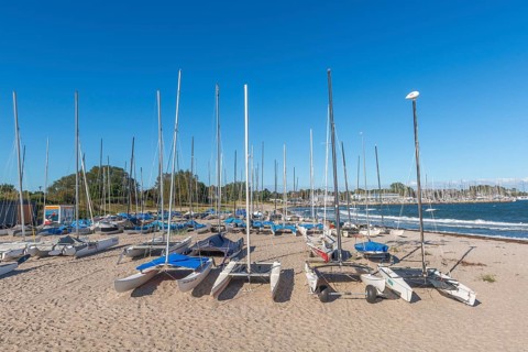 Catamarans on the beach, Strande near Kiel, Rendsburg-Eckernförde district, Baltic Sea, behind the