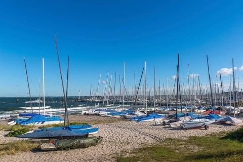Catamarans on the beach, Strande near Kiel, Rendsburg-Eckernförde district, behind the Olympic and