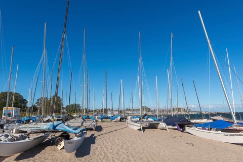 Catamarans on the beach, Strande near Kiel, Rendsburg-Eckernförde district, Baltic Sea, behind the