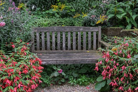 Garden bench made of weathered wood, North Rhine-Westphalia, Germany