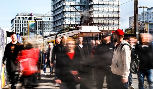 A long exposure shows people at a tram stop at Alexanderplatz, Berlin, 27/09/2025, Berlin, Berlin,