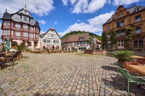 Market square, old town, historic half-timbered houses, stone fountain, market fountain,