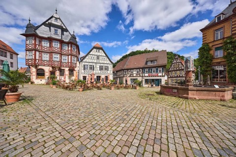 Old town, historic half-timbered houses, fountain, market fountain, cobblestone square, outdoor