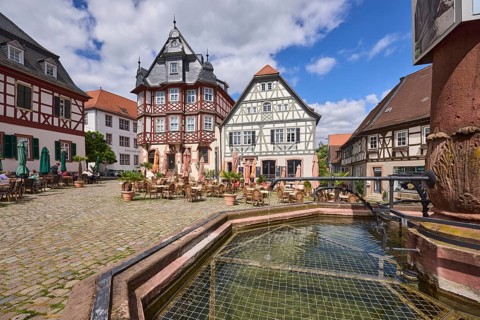 Old town, stone fountain, water, historic half-timbered houses, cobblestone square, outdoor area of