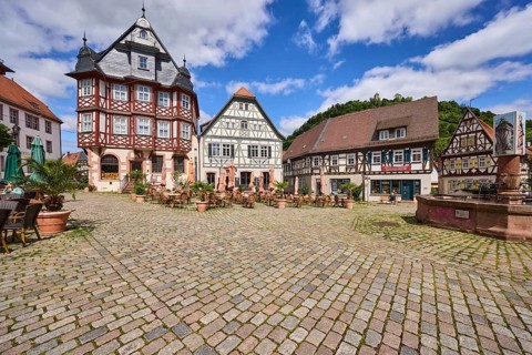 Old town, historic half-timbered houses, fountain, market fountain, cobblestone square, outdoor