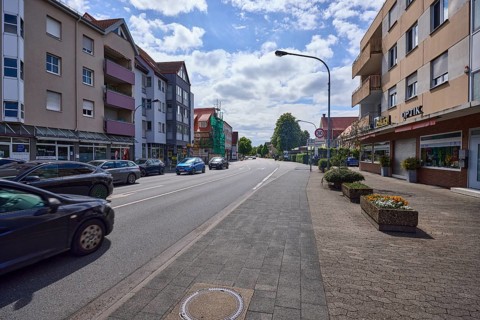 Building, general architecture, pavement, cycle path, flower pot, lantern, backlight, street, cars,