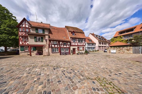 Old town, historic half-timbered houses, building, pointed roof with red roof tiles, cobblestone