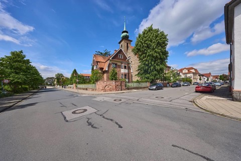 Chapel of the motherhouse St. Vinzent, general architecture, trees, car park with vehicles, blue