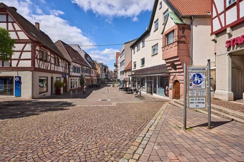 Access to pedestrian zone with traffic sign, half-timbered houses, general architecture, city