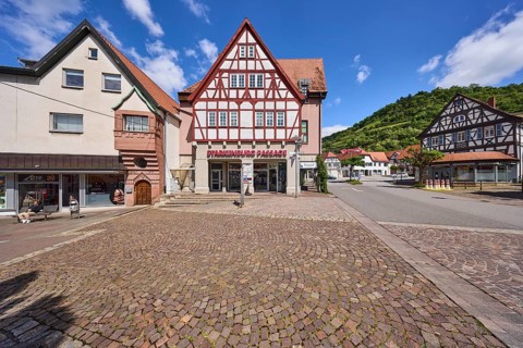 Starkenburg Passage, Schlossberg, pedestrian zone, shopping centre, hill, half-timbered houses,