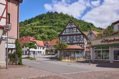 Schlossberg, general architecture, half-timbered house, lantern, hill, forest, trees, blue sky,