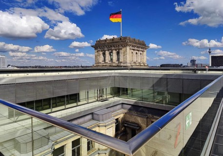 Viewing platform with a German flag in the wind on one of the corner towers and a view of an inner