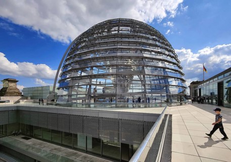Viewing platform with a view of an inner courtyard and the Reichstag dome, government district,
